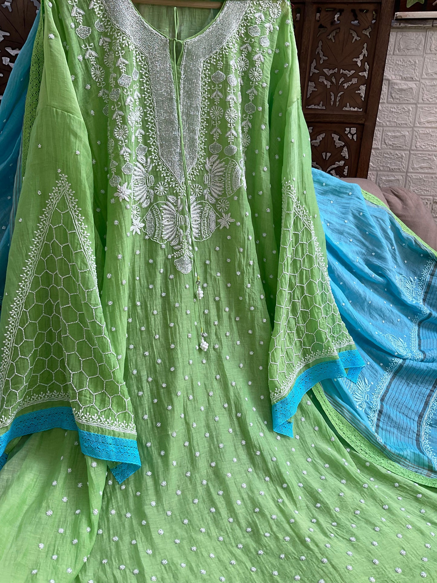 Timeless Allure: Semi-Stitched Mulmul Chikankari Set with Cutdana & Pearl Embellishments