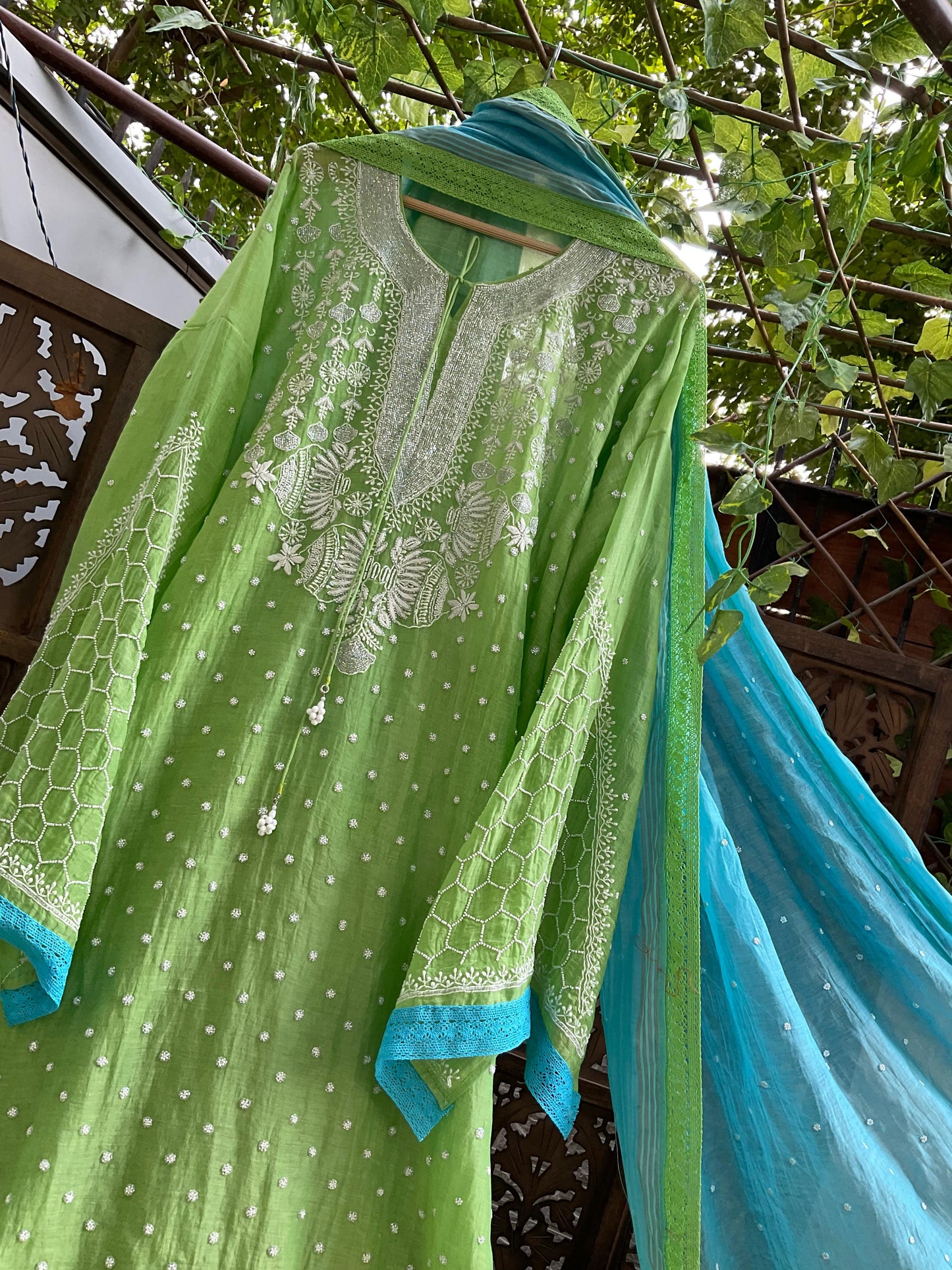 Timeless Allure: Semi-Stitched Mulmul Chikankari Set with Cutdana & Pearl Embellishments