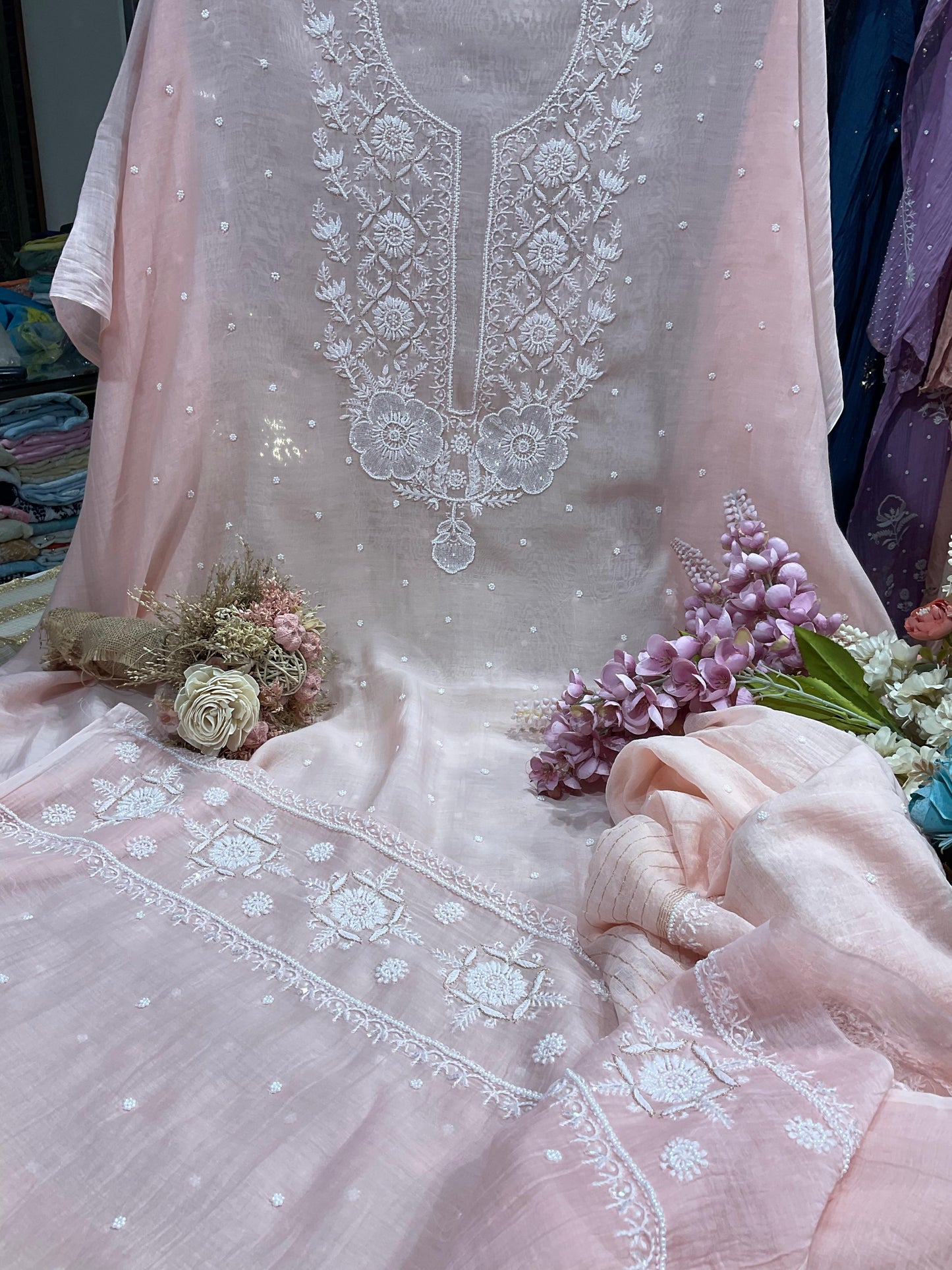 Mulmul Kurta & Dupatta with Chikankari, Pearls & Cutdana Addons