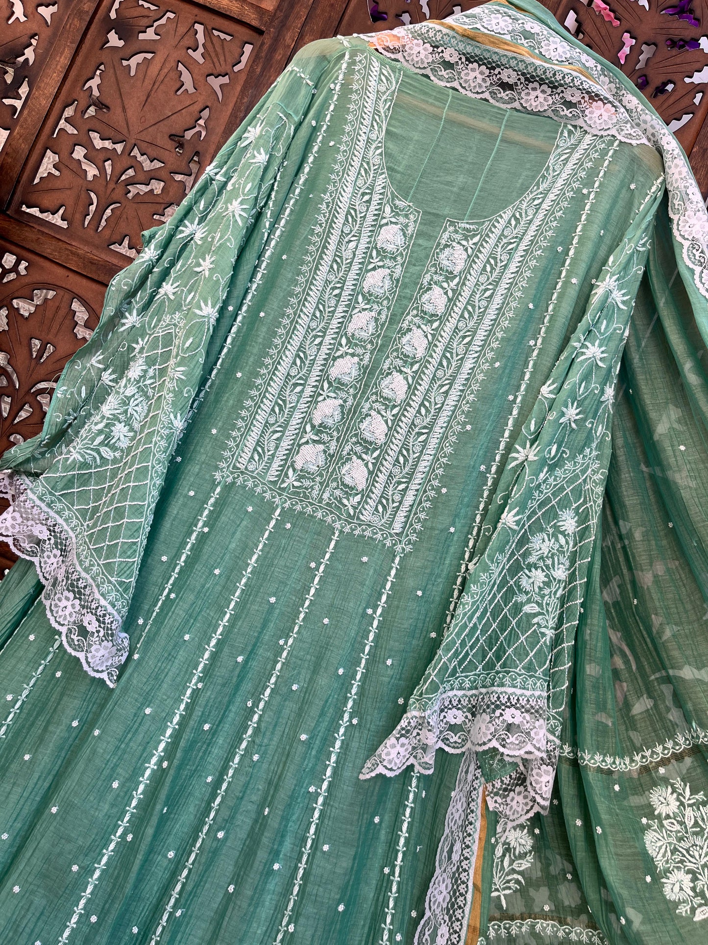 Hand Embroidered Pure Mul Anarkali & Dupatta Set