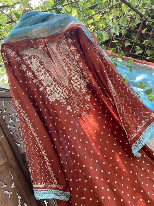 Burnt Orange Mulmul Chikankari Ensemble