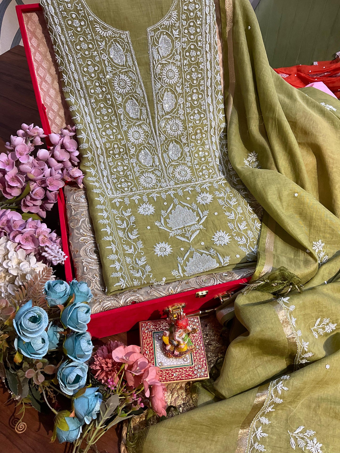 Mehndi Green Mulmul Chikankari Ensemble