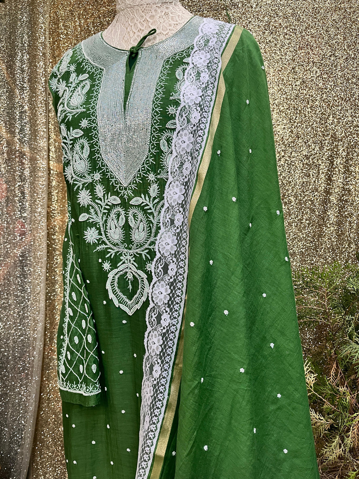 Ensemble Kurta, Dupatta en Chanderi Mulmul et bas en coton