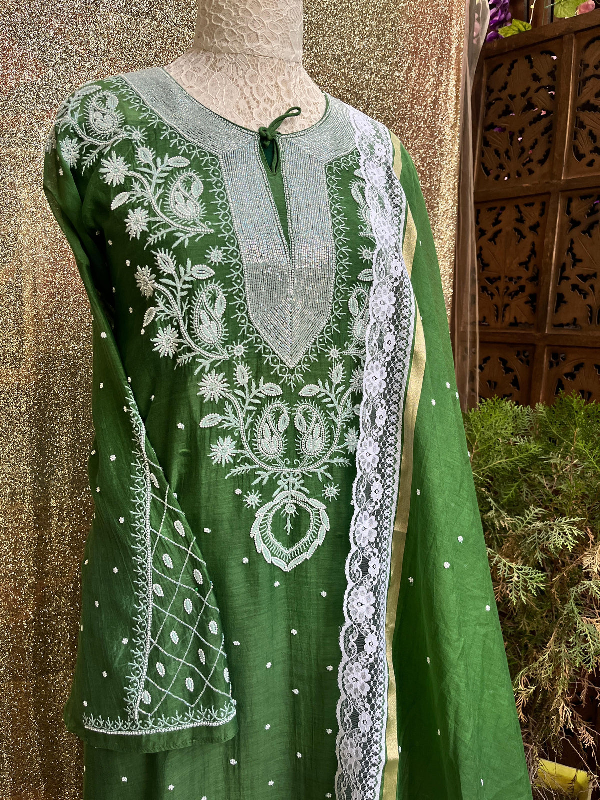Ensemble Kurta, Dupatta en Chanderi Mulmul et bas en coton
