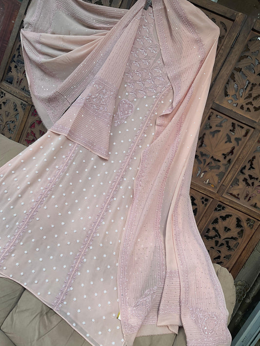 Regal Blush Pink Georgette Chikankari Kurta Set with Haath Jaali & Aari Work (Set of 3) (Semi-stitched)