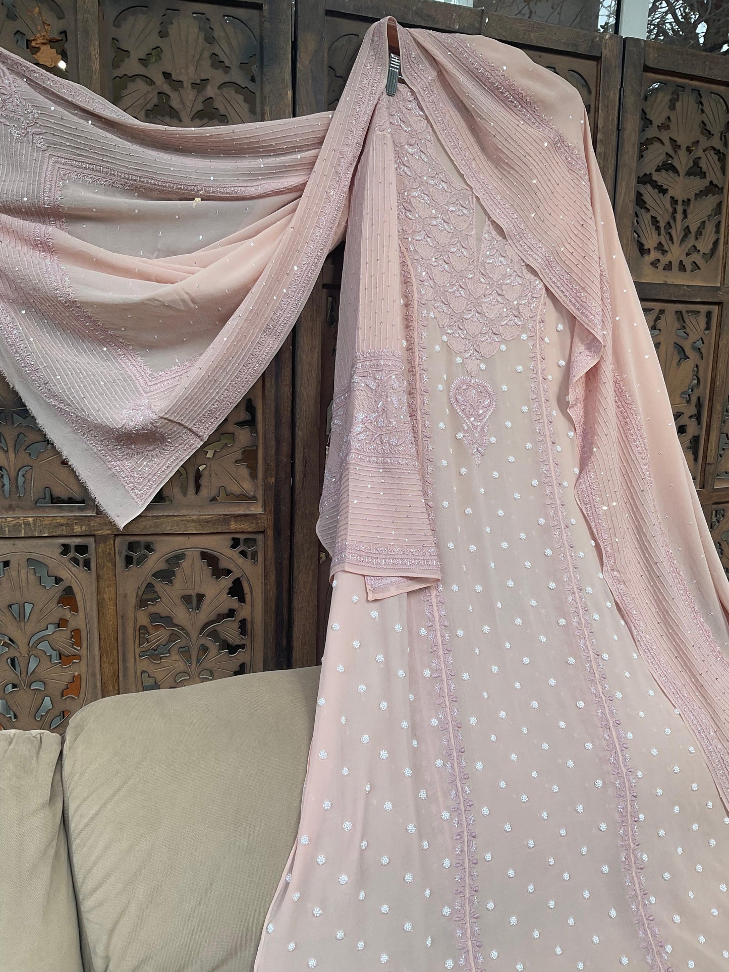 Regal Blush Pink Georgette Chikankari Kurta Set with Haath Jaali & Aari Work (Set of 3) (Semi-stitched)