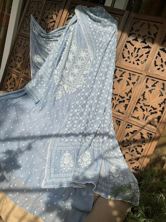 Pure Mulmul Kurta Set with Chikankari & Hand-Embellished Pearl and Cutdana Detailing (Set of 3) (Un-stitched)