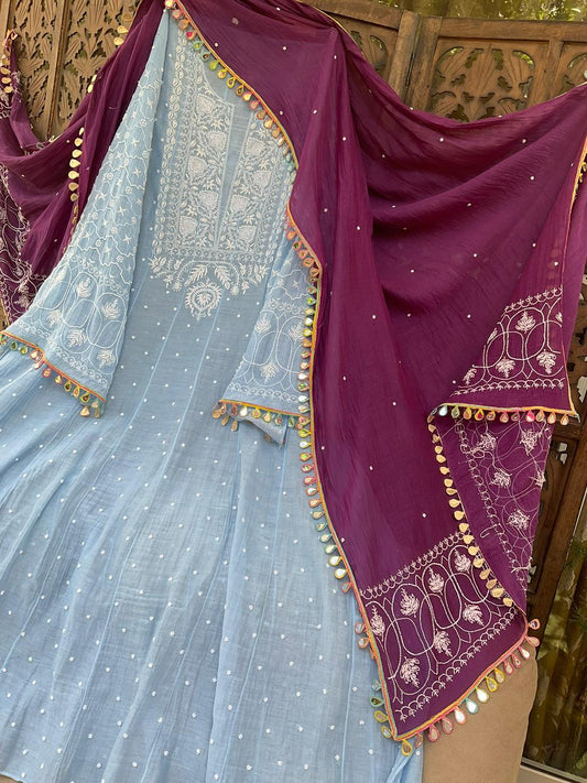 Pure Mulmul Anarkali Set with Chikankari & Pearl-Cutdana Embellishments with Mirror Lace Dupatta (Set of 3) (Unstitched)