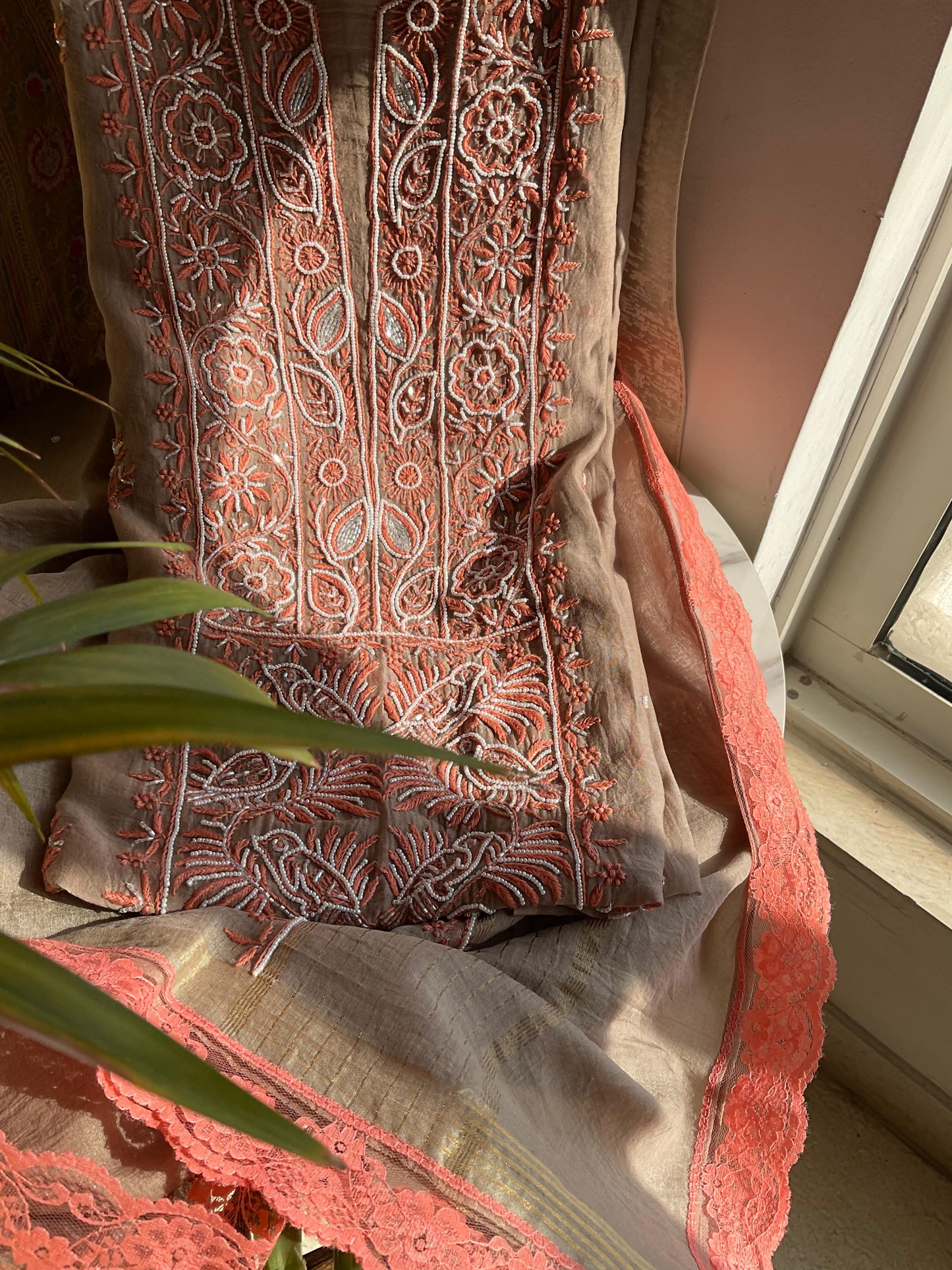 Kurta Set with Colored Chikankari & Pearl-Cutdana Embellished Panels with Embroidered Dupatta (Set of 3) (Unstitched)