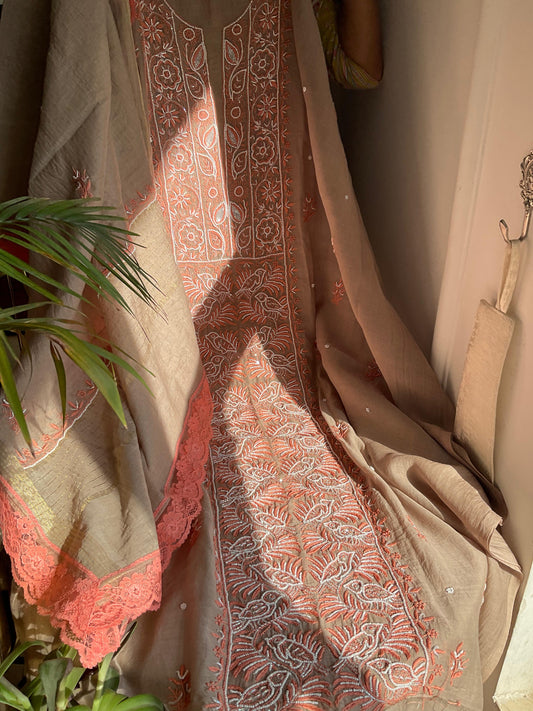 Kurta Set with Colored Chikankari & Pearl-Cutdana Embellished Panels with Embroidered Dupatta (Set of 3) (Unstitched)