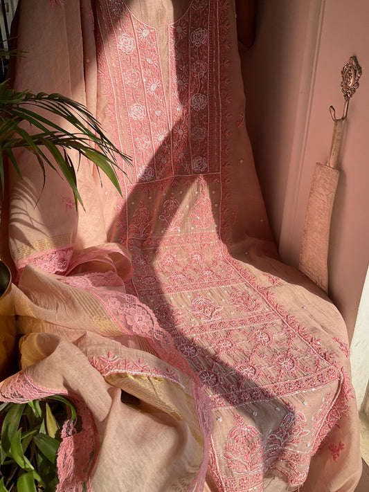 Mulmul Kurta Set with Colored Chikankari & Pearl-Cutdana Embellished Panels with Embroidered Dupatta (Set of 3) (Unstitched)