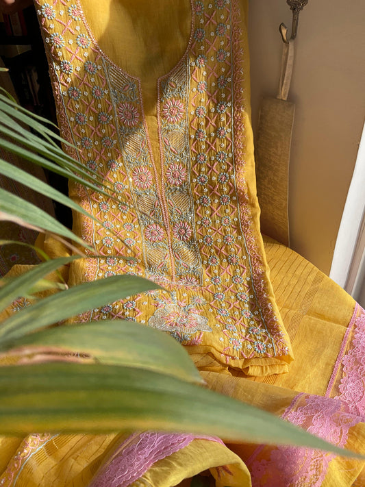 Mulmul Kurta Set with Colored Chikankari & Pearl-Cutdana Embellished Panels with Embroidered Dupatta (Set of 3) (Unstitched)