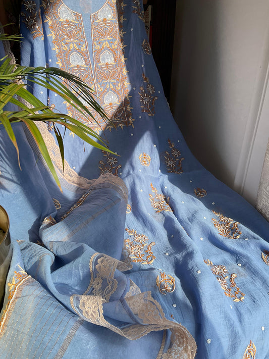 Mulmul Kurta Set with Colored Chikankari & Pearl-Cutdana Embellished Panels with Embroidered Dupatta (Set of 3) (Unstitched)