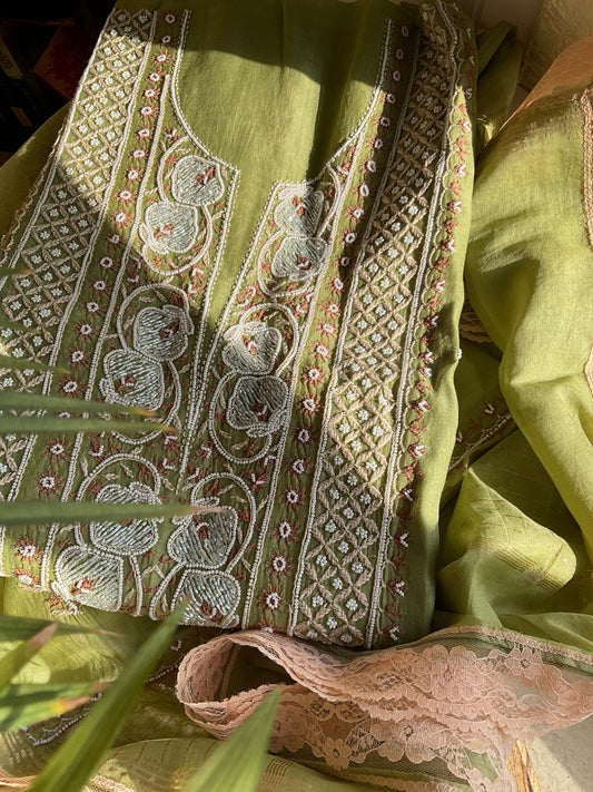 Mulmul Kurta Set with Colored Chikankari & Pearl-Cutdana Embellished Panels with Embroidered Dupatta (Set of 3) (Unstitched)