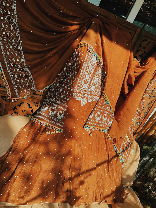 Anarkali Set with Chikankari & Cutdana-Moti Embellishments with Embroidered Dupatta (Set of 3) (Unstitched)