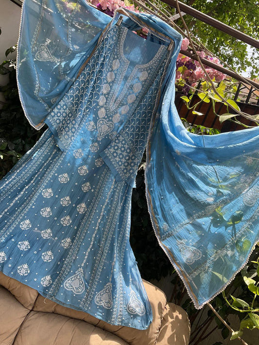 Mulmul Anarkali Suit Set with Heavy Embbroidered Yoke & Intricate Kali Work with Statement Sleeves (Set of 3) (Stitched)