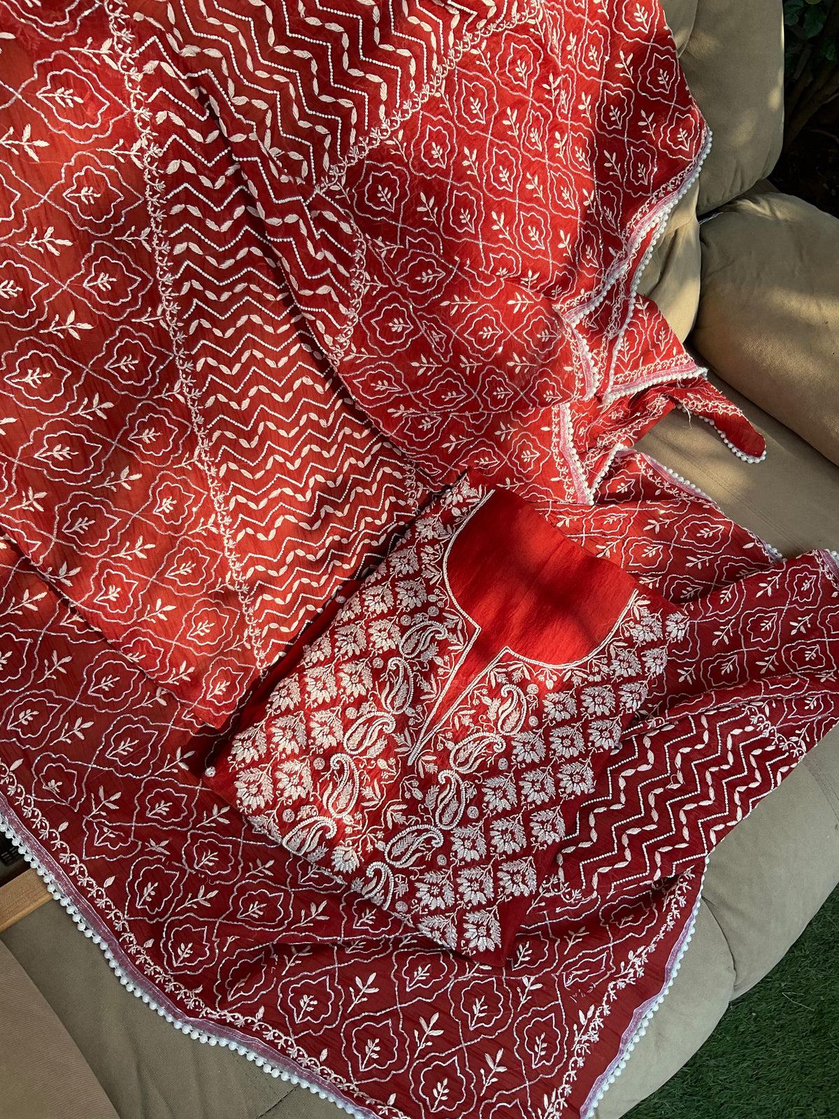 Kurta Set with Chikankari Work with Embellished Dupatta (Set of 3) (Un-Stitched)