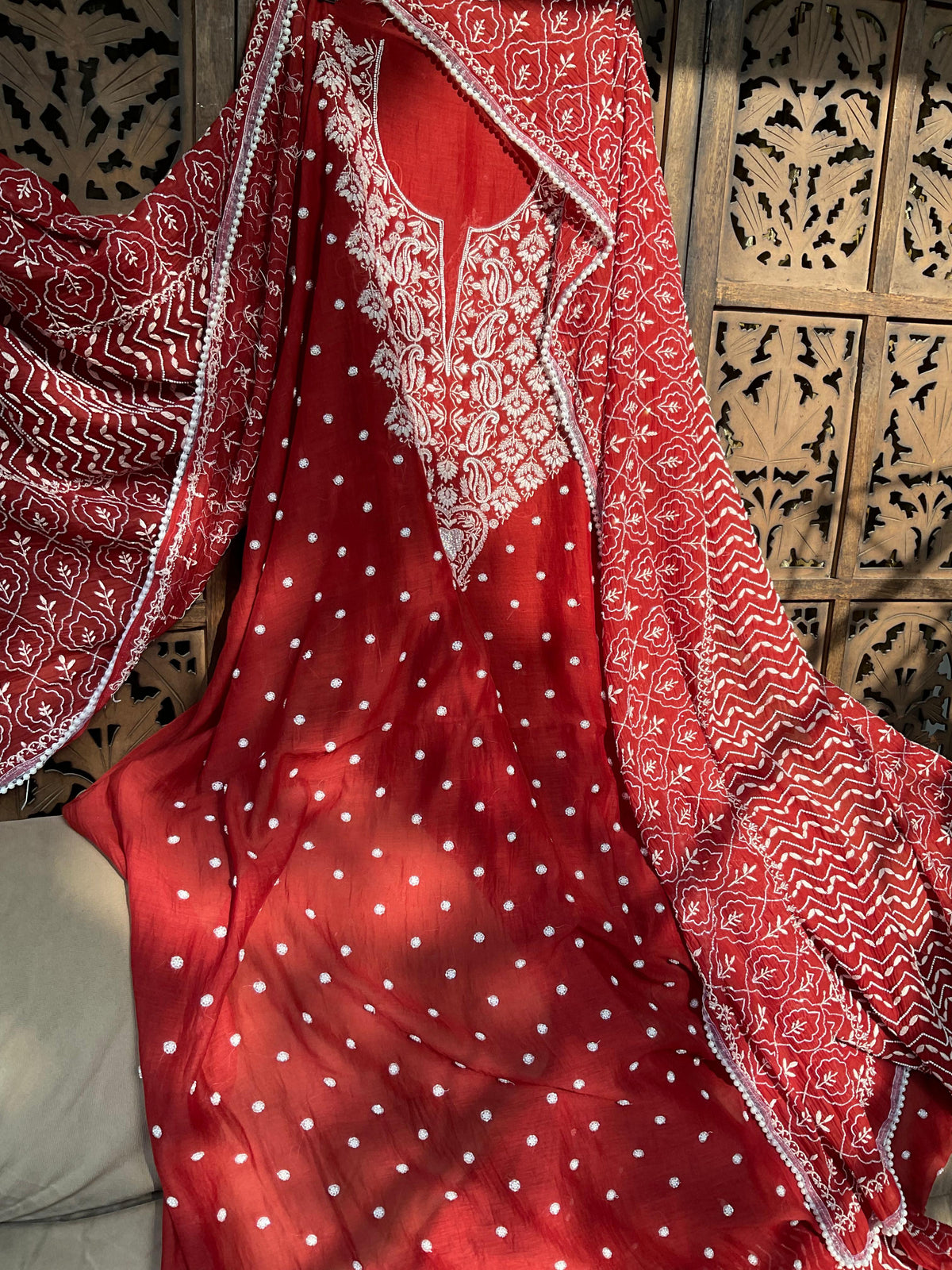 Kurta Set with Chikankari Work with Embellished Dupatta (Set of 3) (Un-Stitched)