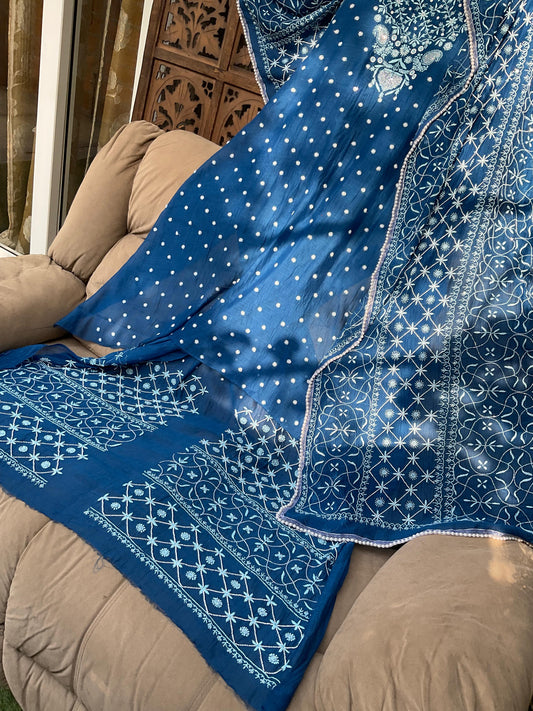 Mulmul Kurta Set with Chikankari Work & Pearl-Cutdana Embellishments with Handcrafted Dupatta (Set of 3) (Stitched)