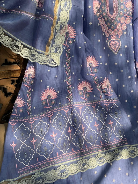 Mulmul Kurta Set with Multi-thread Chikankari & Cutdana Pearl Embellishments with Handcrafted Dupatta (Set of 3) (Stitched)