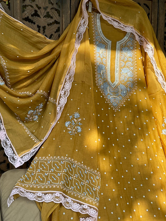 Kurta Set with Multi-thread Chikankari & Cutdana Pearl Embellishments with Handcrafted Dupatta (Set of 3) (Stitched)