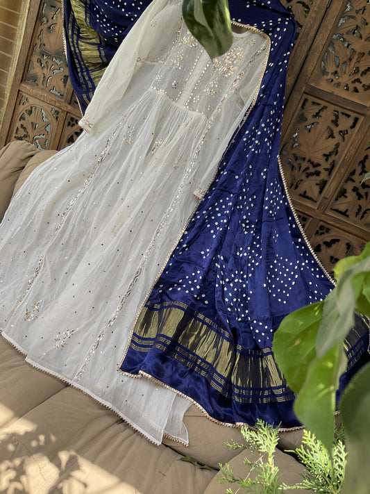 Mulmul Kurta Set with Kaamdani & Mukesh Work with Bandhini Gaji Silk Dupatta (Set of 3) (Semi-stitched)
