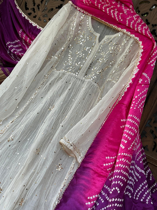 Mulmul Kurta Set with Kaamdani & Mukesh Work with Bandhini Gaji Silk Dupatta (Set of 2) (Un-Stitched)