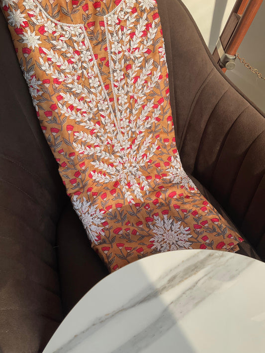 Pure Mul Cotton Kurta with Chikankari Handwork & Printed Floral Butis (Single Piece) (Unstitched)