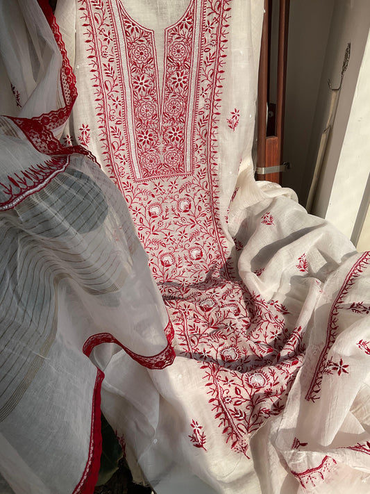 Mulmul Kurta Set with Chikankari & Pearl-Cutdana Embellished Panels with Lace-Finished Dupatta (Set of 3) (Unstitched)
