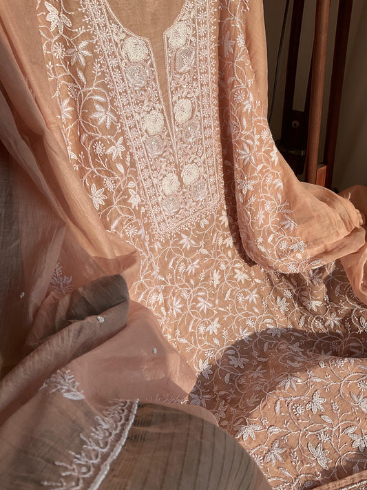 Mulmul Kurta Set with Chikankari & Pearl-Cutdana Embellished Panels with Embroidered Dupatta (Set of 3) (Unstitched)