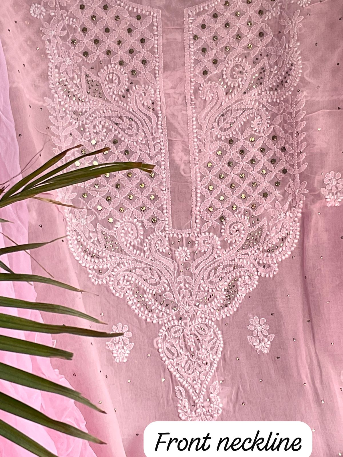 Pure Cotton Voile Kurta Set with Embroidered Neckline & Mukesh Work with Chiffon Dupatta (Set of 3) (Unstitched)