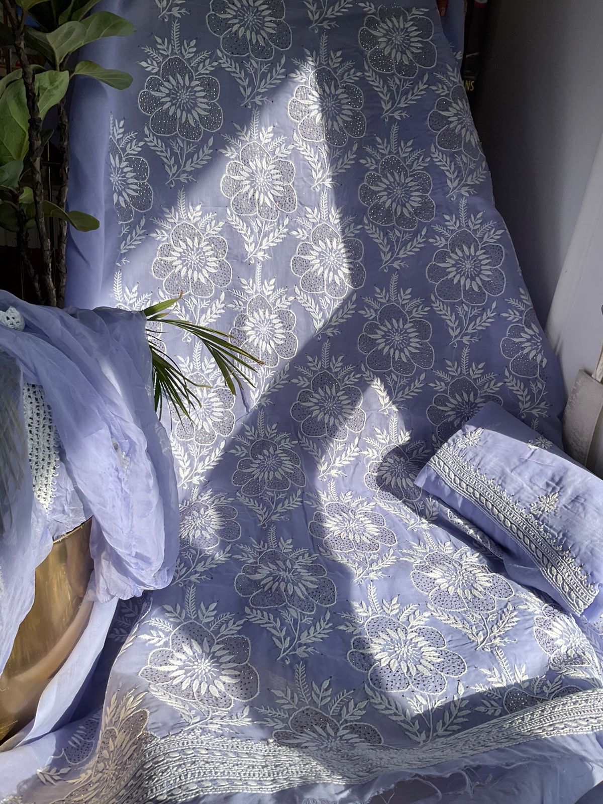 Pure Cotton Voile Kurta Set with Chikankari & Mukaish Work Chiffon Dupatta (Set of 3) (Unstitched)