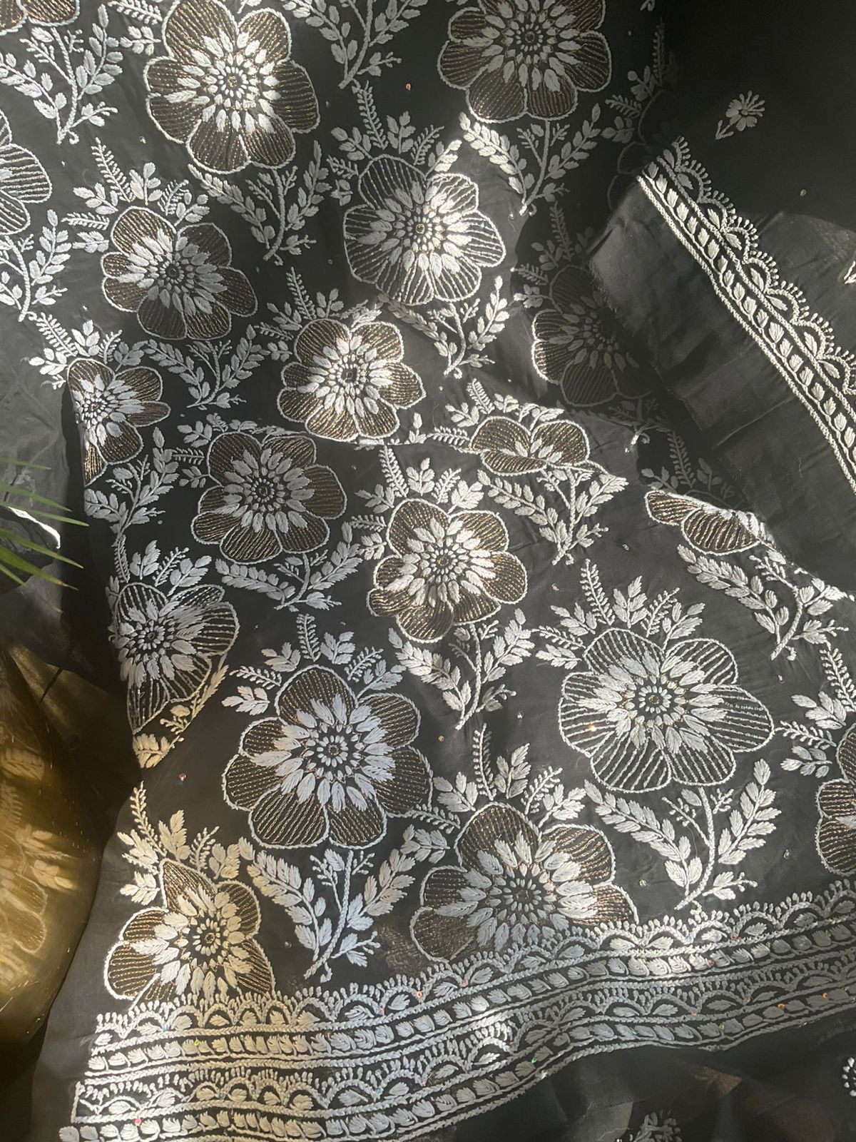 Pure Cotton Voile Kurta Set with Chikankari & Aari Work with Chiffon Dupatta (Set of 3) (Unstitched)