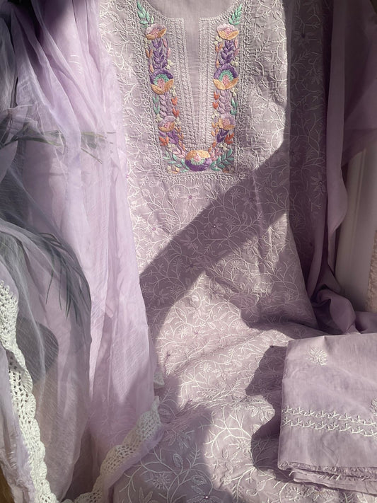 Pure Cotton Voile Kurta Set with Chikankari & Parsi Work with Chiffon Dupatta (Set of 3) (Unstitched)