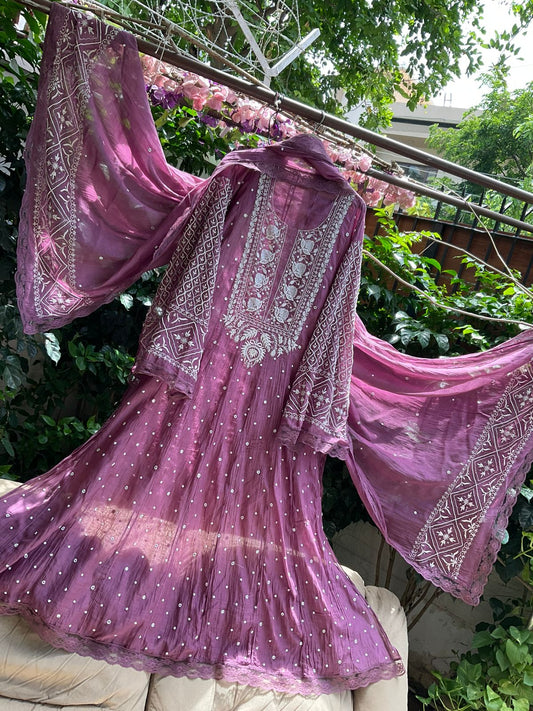Pure Mulmul Anarkali Suit Set with Chikankari & Pearl-Mirror Work with Embroidered Dupatta (Set of 3) (Semi-stitched)
