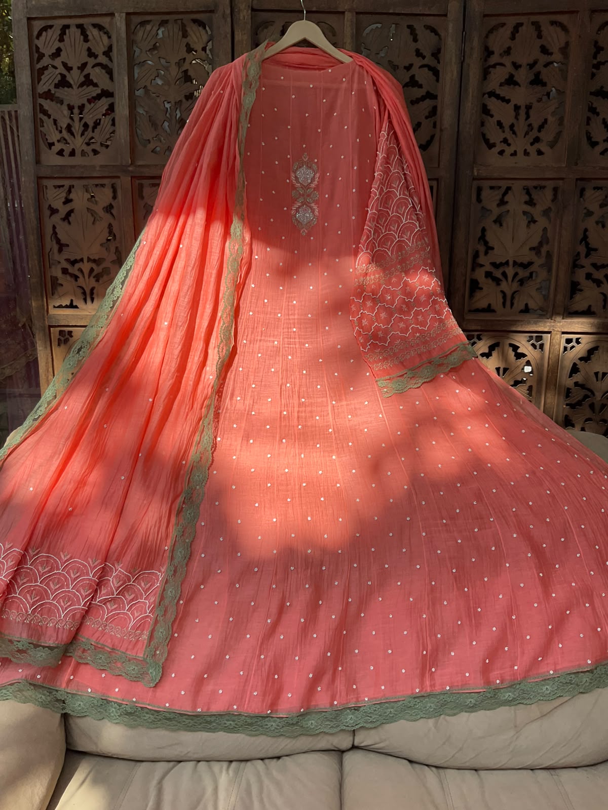 Pure Mulmul Anarkali Suit Set with Chikankari & Pearl-Cutdana Work with Embroidered Dupatta (Set of 3) (Semi-stitched)