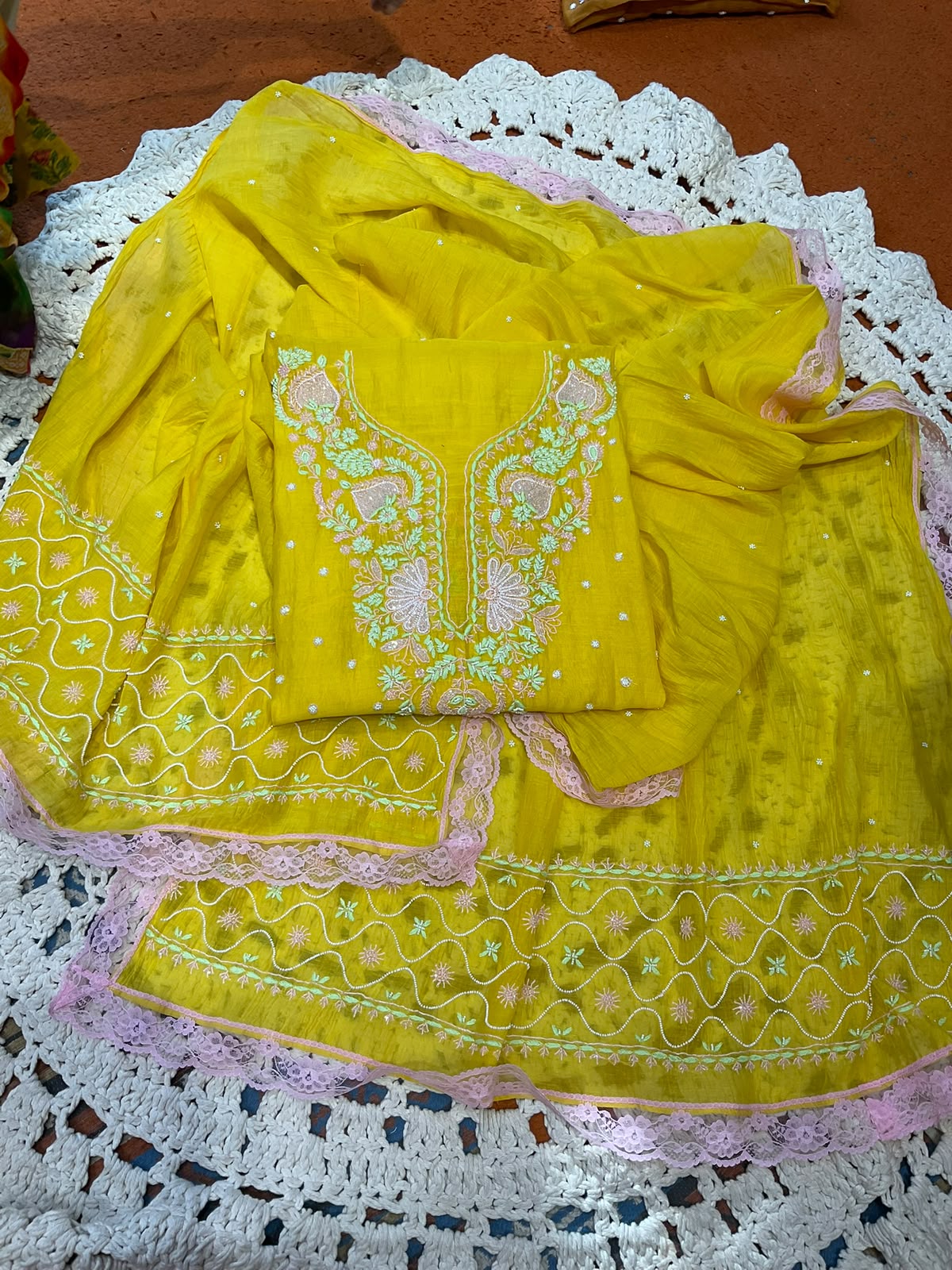 Pure Mulmul Kurta Set with Multicolour Chikankari & Pearl-Cutdana Work with Lace-Embroidered Dupatta (Set of 3) (Semi-stitched)