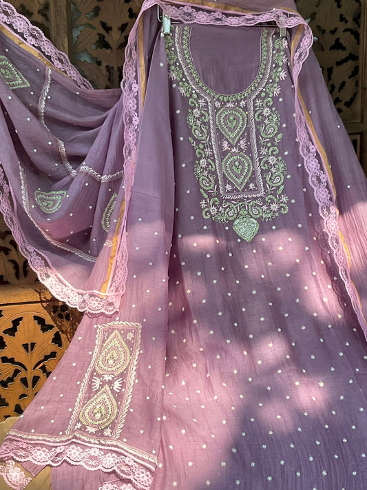Pure Mulmul Kurta Set with Multicolour Chikankari & Pearl-Cutdana Embroidery with Lace-Finished Dupatta (Set of 3) (Semi-stitched)