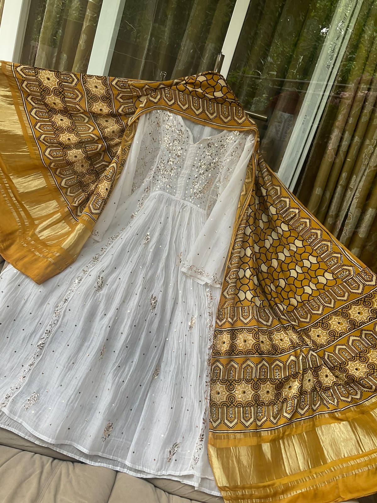 Pure Mulmul Tunic Set with Kaamdani & Mukaish Work with Royal Gaji Silk Ajrak Dupatta (Set of 2) (Semi-Stitched)