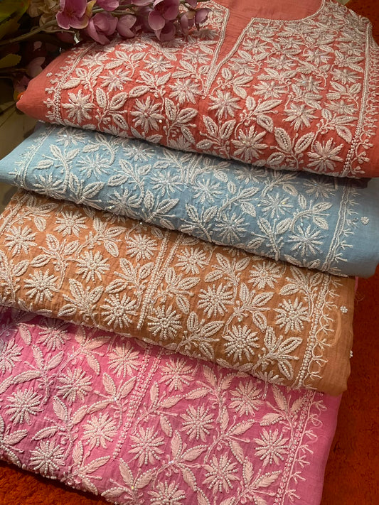Pure Ombre Mulmul Kurta Set with Handcrafted Chikankari & Pearl-Cutdana Work with Embroidered Dupatta (Set of 3) (Unstitched)