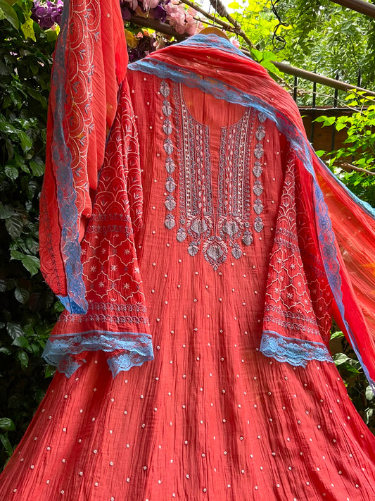 Pure Mulmul Suit Set with Chikankari & Pearl-Cutdana Work with Embroidered Lace Dupatta (Set of 3) (Semi-stitched)