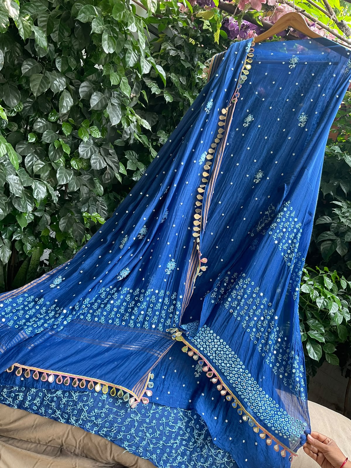 Mulmul Chanderi Kurta Set with Chikankari & Mirror Work with Heavy Embroidered Mirror Lace Dupatta (Set of 3) (Semi-stitched)