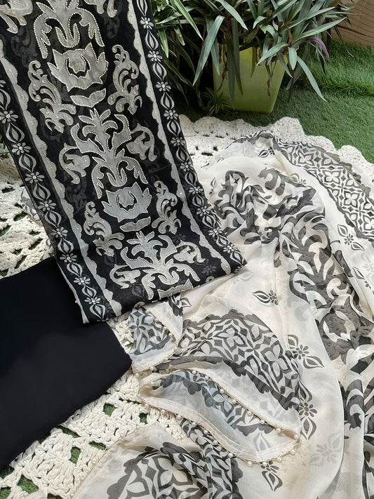 Twill Georgette Suit Set with Digital Print & Bead Work with Coordinated Printed Dupatta (Set of 3) (Unstitched)