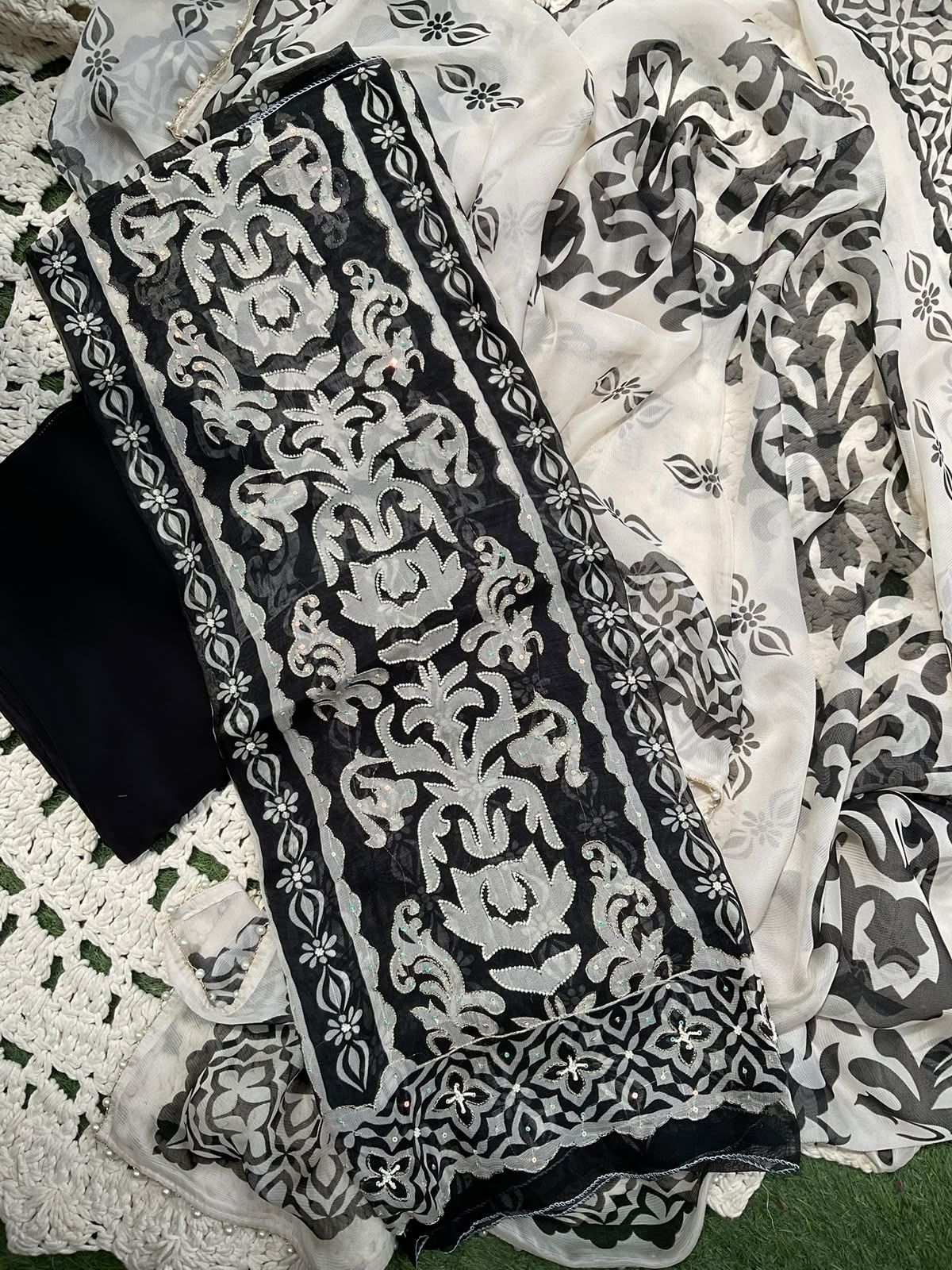 Twill Georgette Suit Set with Digital Print & Bead Work with Coordinated Printed Dupatta (Set of 3) (Unstitched)