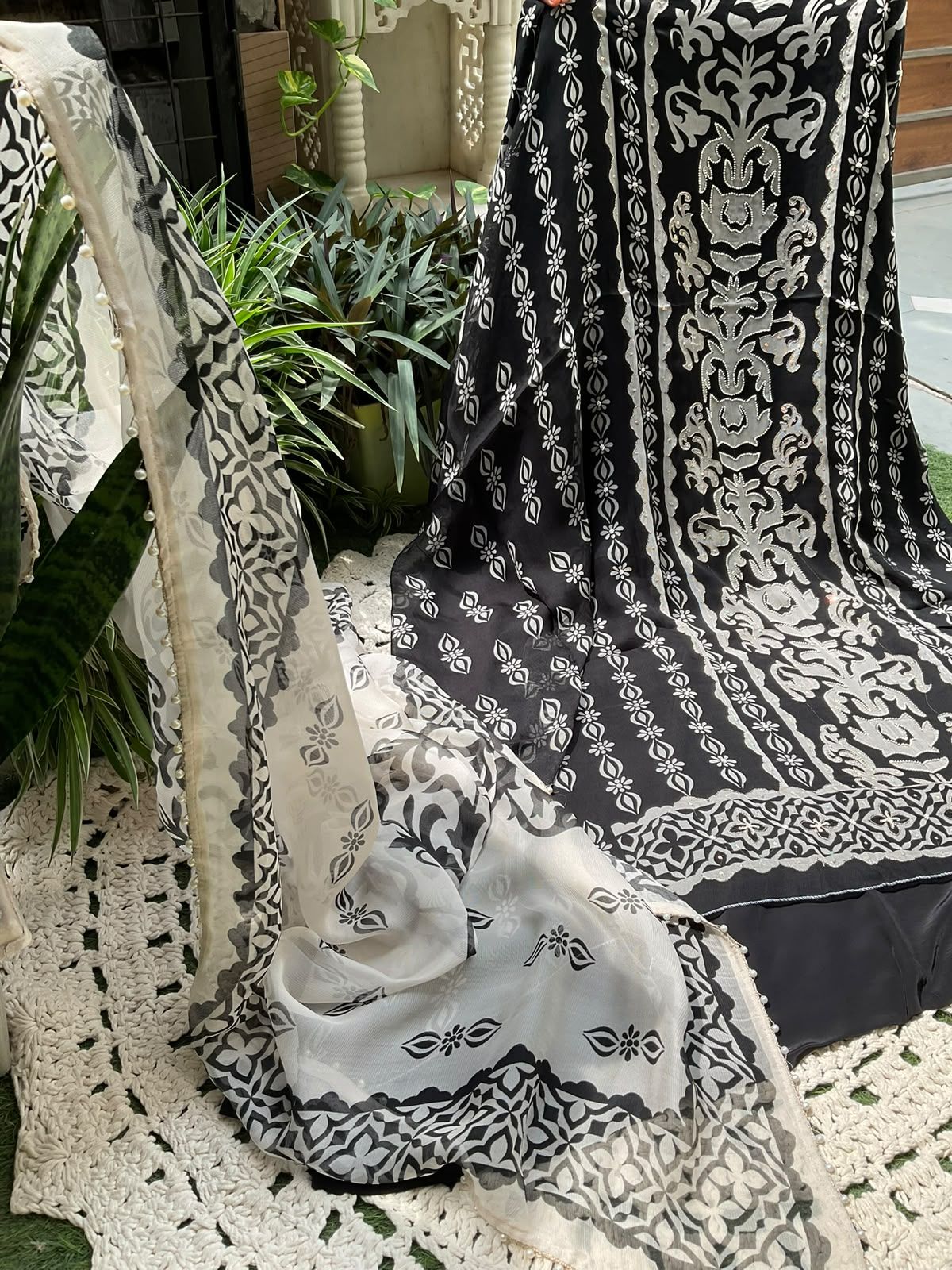 Twill Georgette Suit Set with Digital Print & Bead Work with Coordinated Printed Dupatta (Set of 3) (Unstitched)
