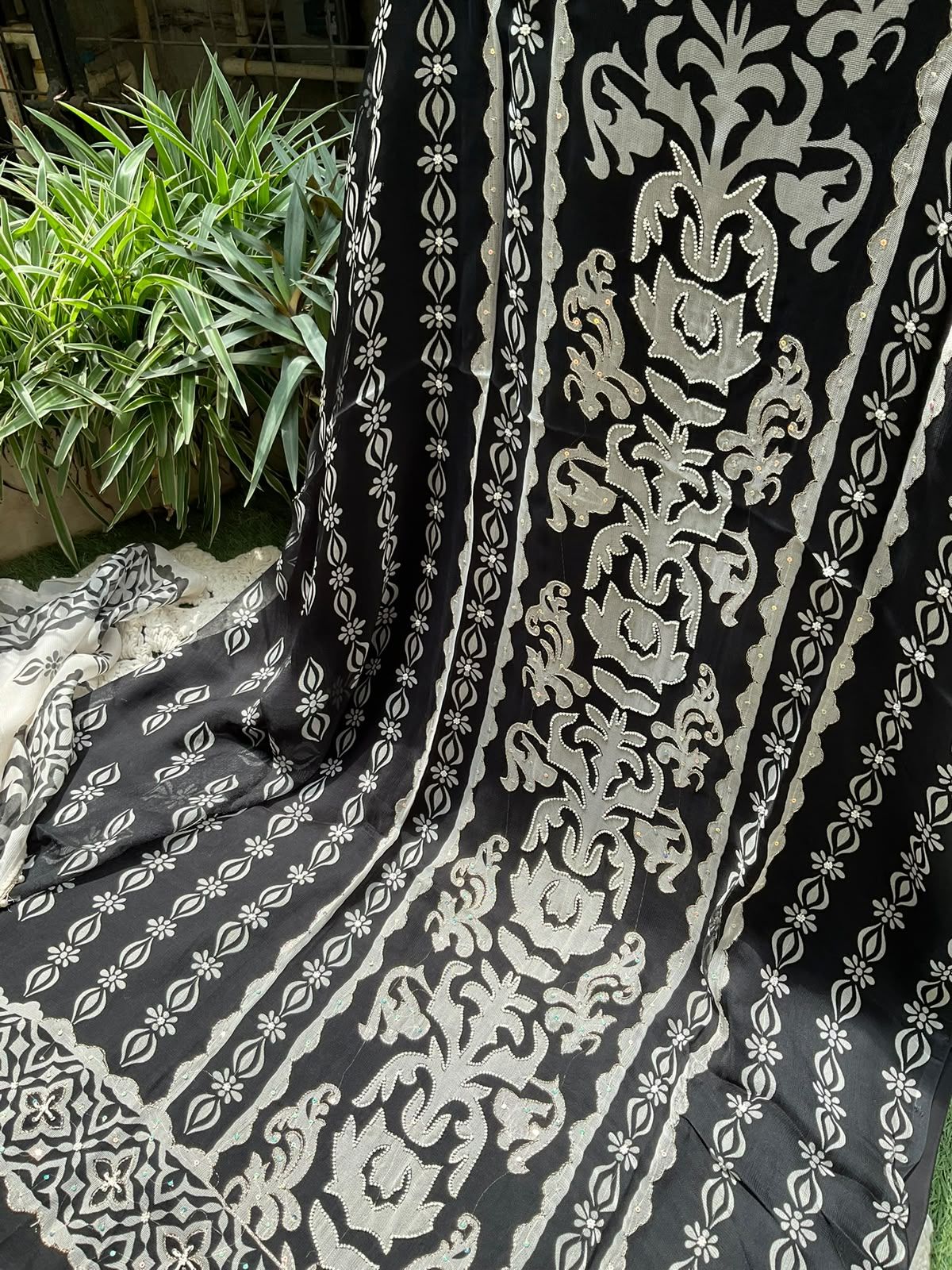 Twill Georgette Suit Set with Digital Print & Bead Work with Coordinated Printed Dupatta (Set of 3) (Unstitched)