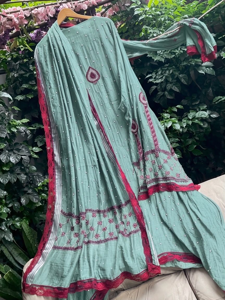 Pure Mulmul Kurta Set with Multicolour Chikankari & Pearl-Cutdana Work with Lace-Finished Embroidered Dupatta (Set of 3) (Semi-stitched)