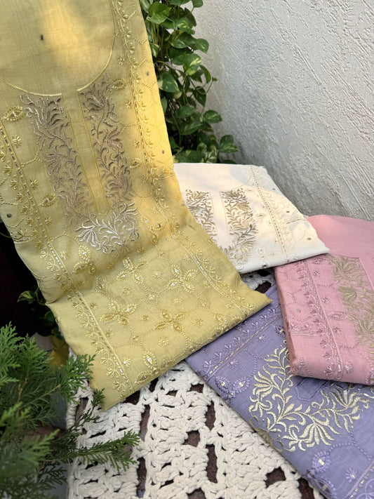 Pure Mulmul Suit Set with Zari Pitta & Floral Embroidery with Embroidered Mulmul Dupatta (Set of 3) (Unstitched)
