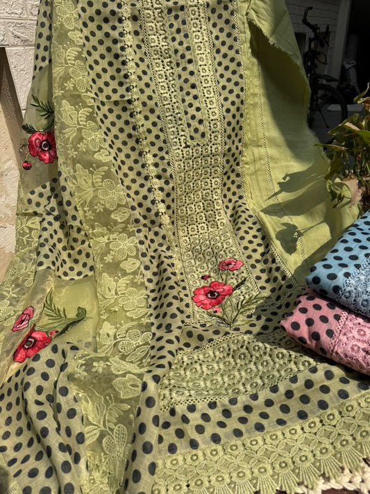 Cotton Linen Suit Set with Karachi Prints & Embroidery (Set of 3) (Unstitched)