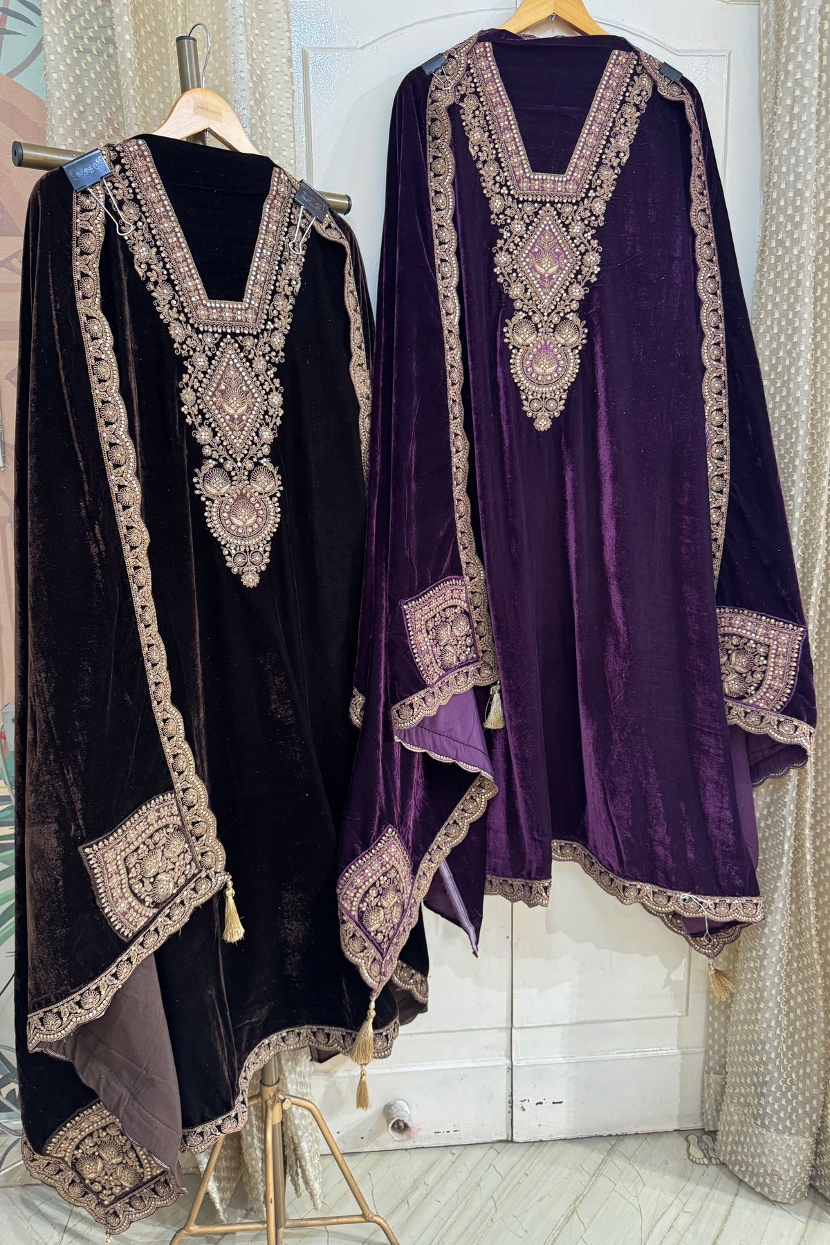 Deep Purple Velvet Suit Set with Dori & Zari Embroidery (Set of 3) (Unstitched)